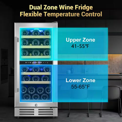 15 In. Dual Zone Built-In Wine Cooler 30-Bottle Cellar Cooling Unit in Stainless Steel with 6-Removable Shelves