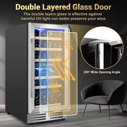 15 In. Dual Zone Built-In Wine Cooler 30-Bottle Cellar Cooling Unit in Stainless Steel with 6-Removable Shelves
