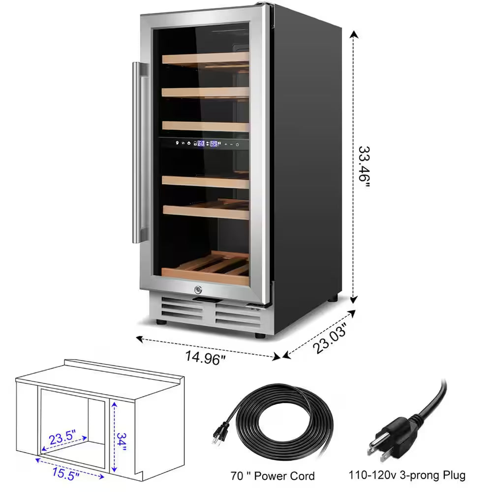 15 In. Dual Zone Built-In Wine Cooler 30-Bottle Cellar Cooling Unit in Stainless Steel with 6-Removable Shelves