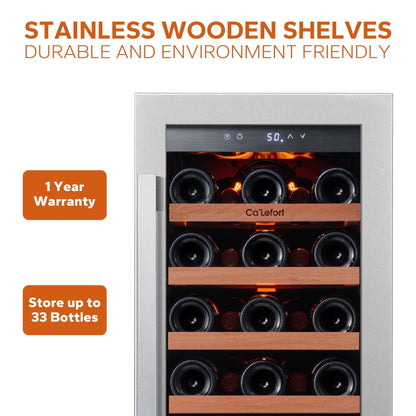 15 Inch Wine Cooler Refrigerator, 33 Bottle Wine Fridge with Glass Door Built-In & Freestanding Wine Cooler for Home/Office