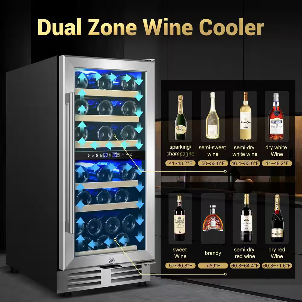 15 In. Dual Zone Built-In Wine Cooler 30-Bottle Cellar Cooling Unit in Stainless Steel with 6-Removable Shelves