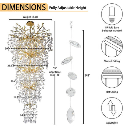 Modern Chandelier 118 In. 28-Light Crystal Gold Chandelier for Foyer, Living Room, Multiple Tiers Chandelier