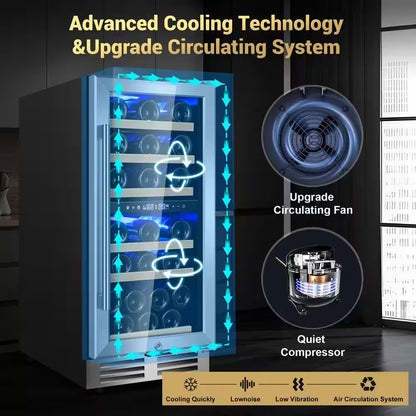 15 In. Dual Zone Built-In Wine Cooler 30-Bottle Cellar Cooling Unit in Stainless Steel with 6-Removable Shelves