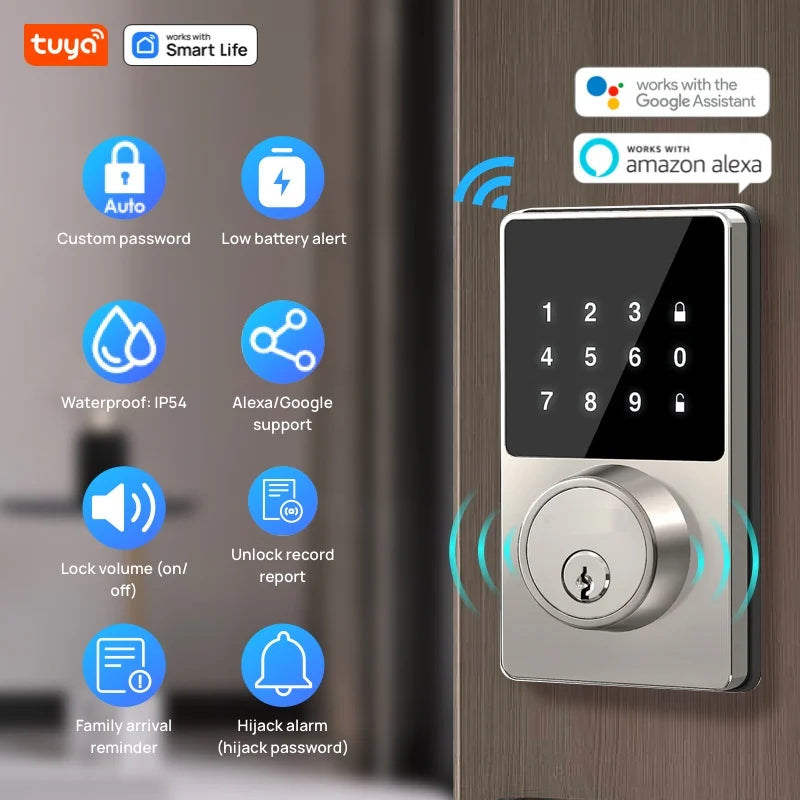 Tuya Smart Home Wifi Lock Keyless Entry Door Lock with Touchscreen Keypad APP Control Waterproof Grade IP54 Low Battery Alert
