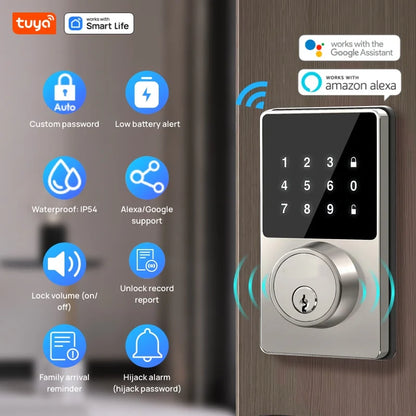 Tuya Smart Home Wifi Lock Keyless Entry Door Lock with Touchscreen Keypad APP Control Waterproof Grade IP54 Low Battery Alert