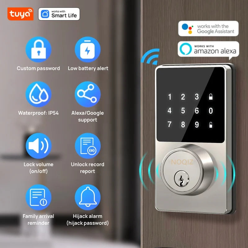 Tuya Smart Home Wifi Lock Keyless Entry Door Lock with Touchscreen Keypad APP Control Waterproof Grade IP54 Low Battery Alert