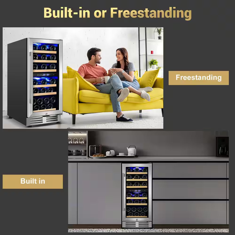 15 In. Dual Zone Built-In Wine Cooler 30-Bottle Cellar Cooling Unit in Stainless Steel with 6-Removable Shelves